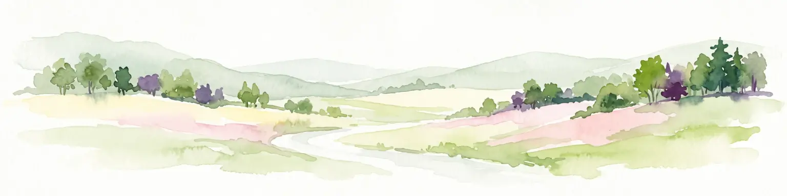A horizontal watercolor painting of rolling green hills, a winding path, and clusters of deciduous and coniferous trees.