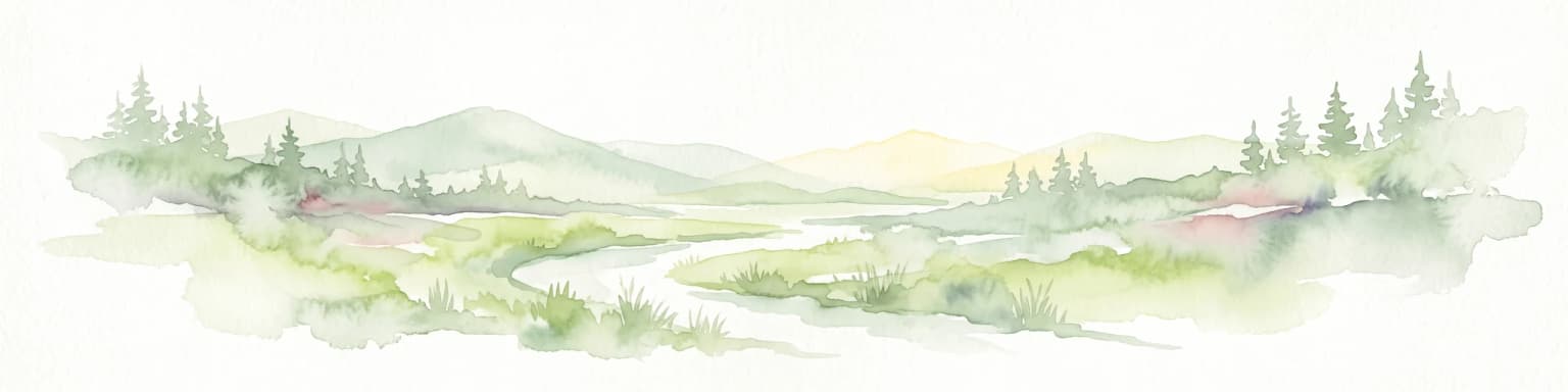 Una suave ilustración en acuarela que representa un río serpenteante fluyendo a través de un valle verde y frondoso con bosques de coníferas en las laderas y montañas al fondo.