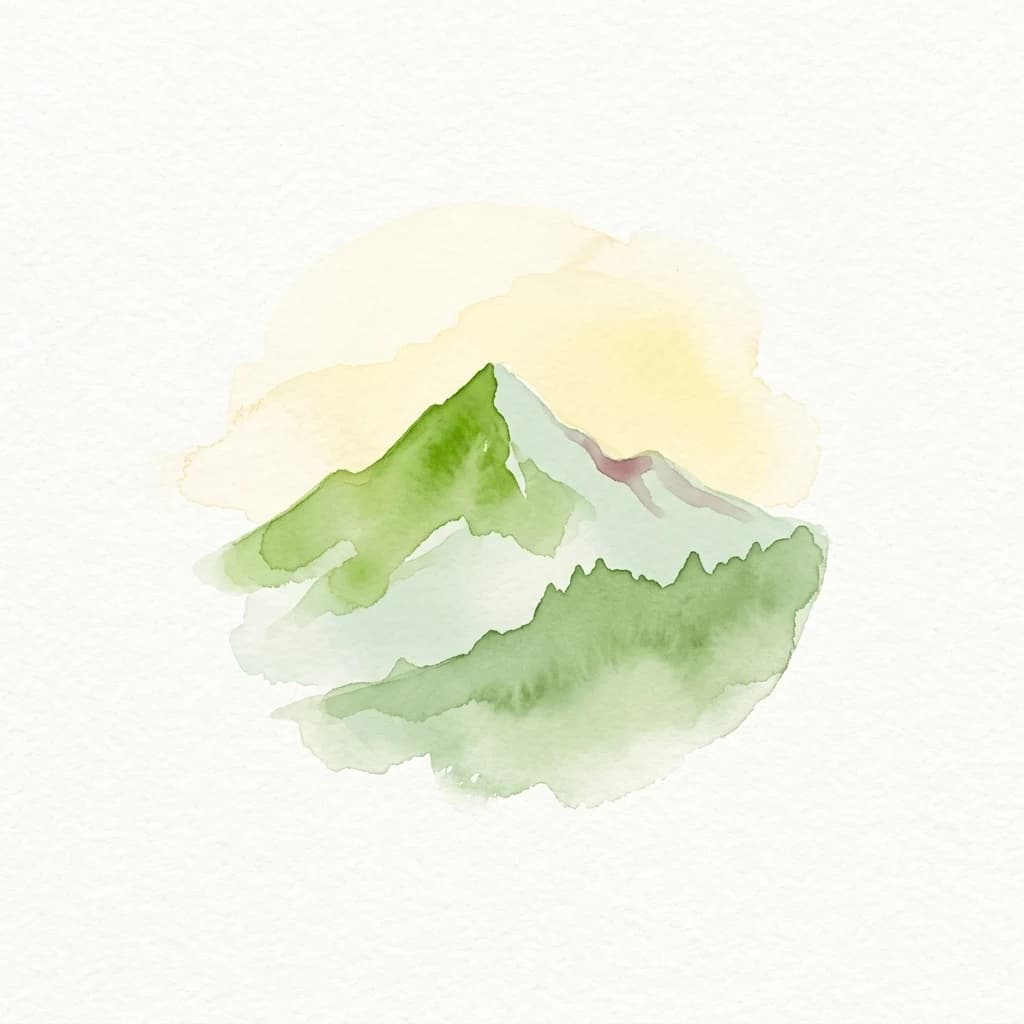 Watercolor painting of green mountains with yellow sky background