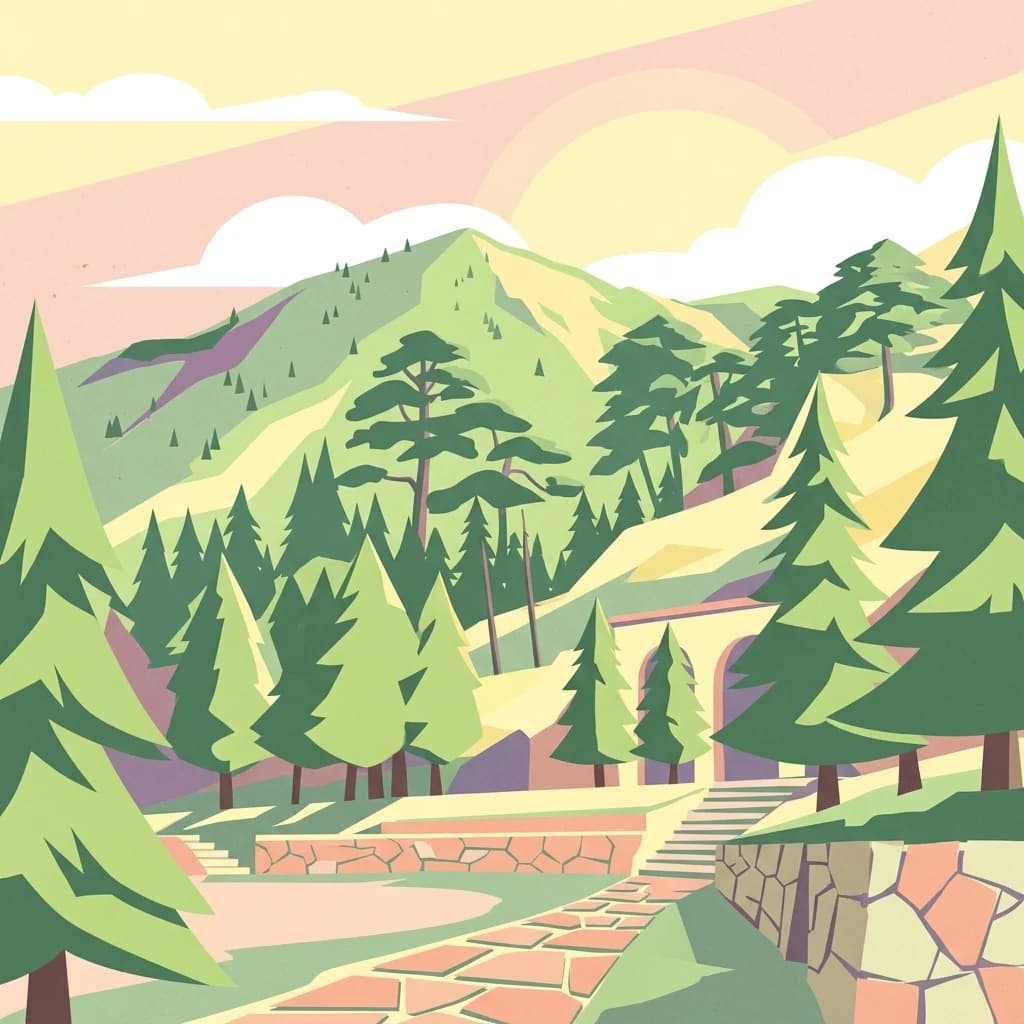 Stylized illustration of a mountainous landscape with green forests, stone pathways, and a stone structure. The scene includes rolling hills, tall pine trees, and a stone wall.