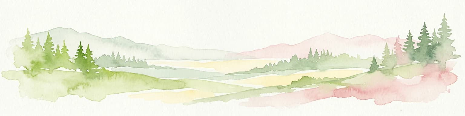 Watercolor painting depicting mountains, forests, and valleys