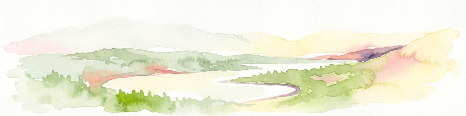 A soft, impressionistic watercolor painting of a Scottish loch surrounded by rolling green hills and distant mountain silhouettes.