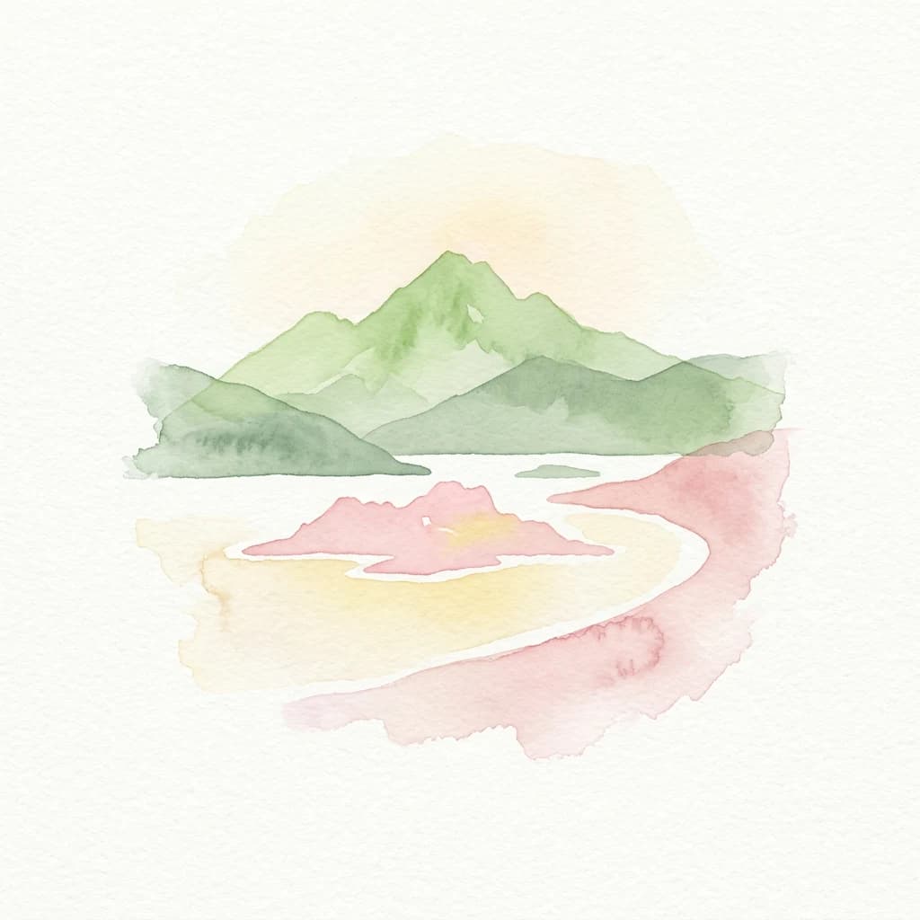 Watercolor painting of green mountains, a loch, and pinkish islands