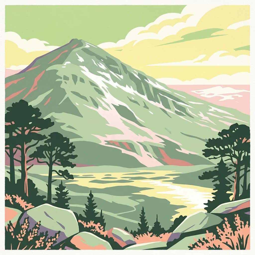 Stylized illustration showing a mountain with snow patches, surrounded by trees and a body of water under a cloudy sky