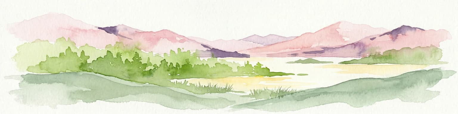 Watercolor illustration showing mountains, green forests, a loch, and a river in a landscape