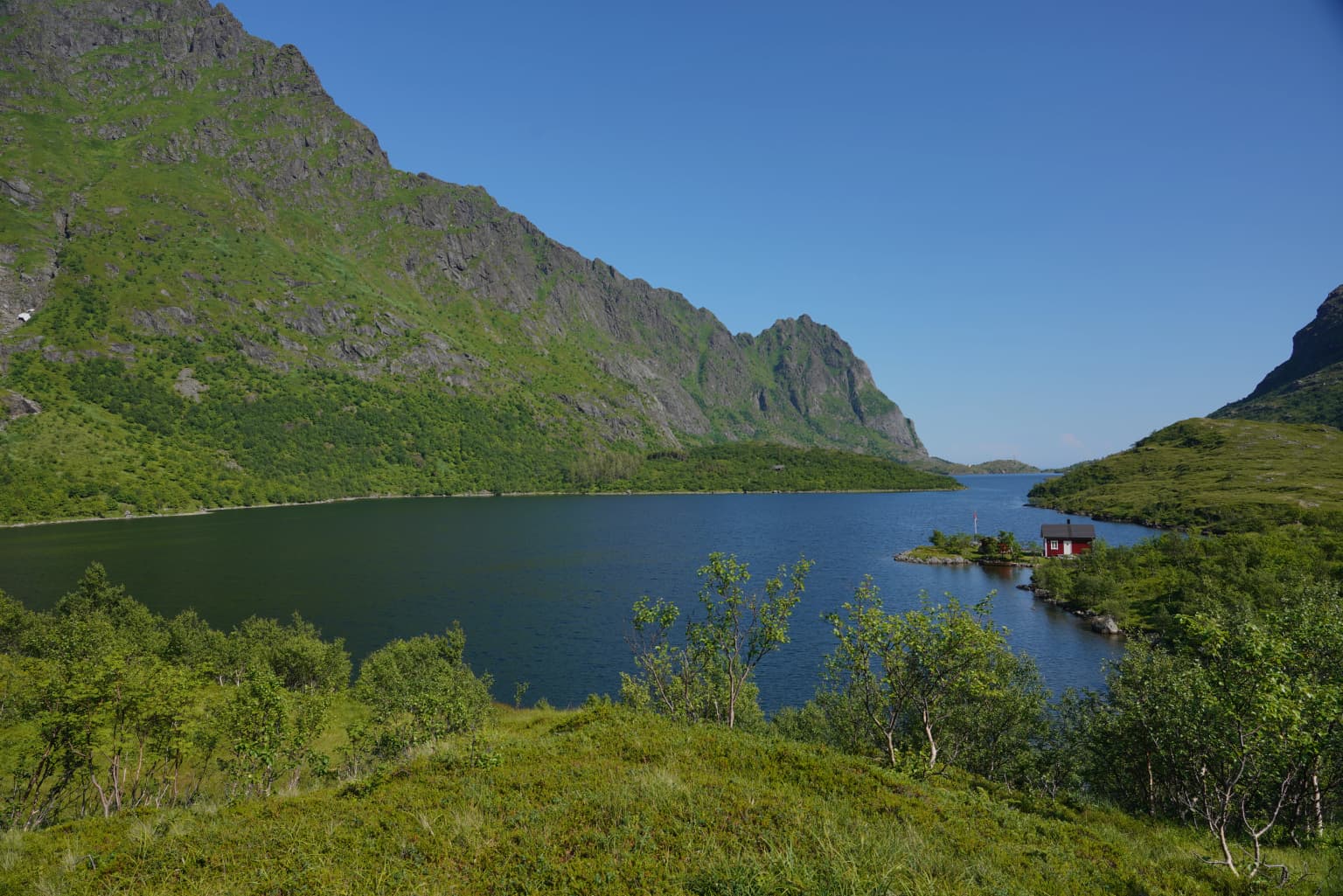 A large calm lake surrounded by steep green mountains and dense vegetation under a clear blue sky