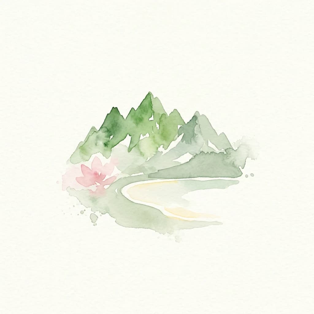 Watercolor painting showing green mountains, a winding river, and a pink flower on a white background