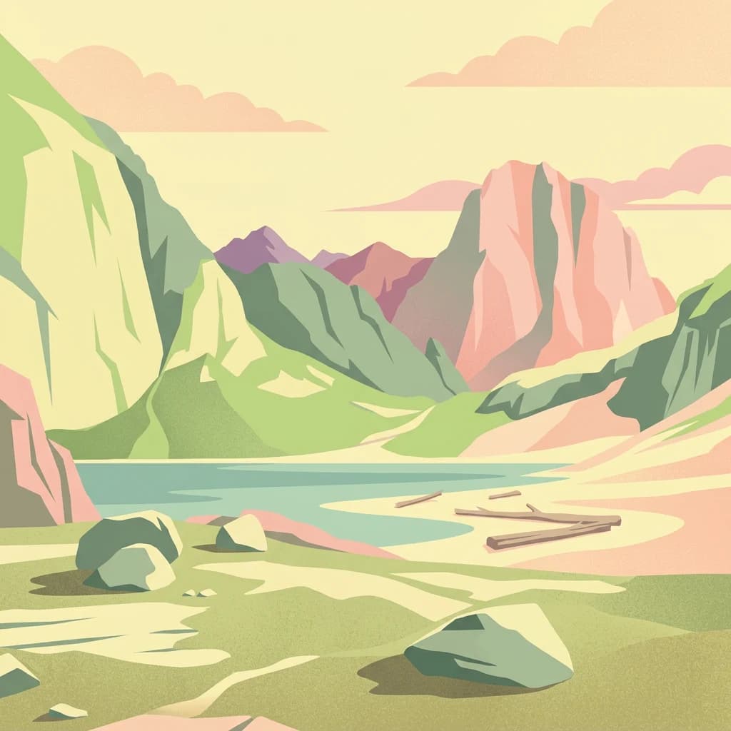 Illustration of mountainous landscape with green and pink peaks, a lake, rocks, and sandy shore