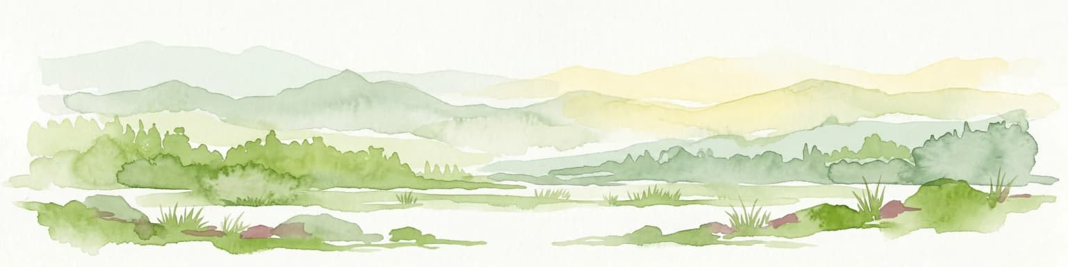 Watercolor painting showing a landscape with green hills, distant mountains, and scattered vegetation