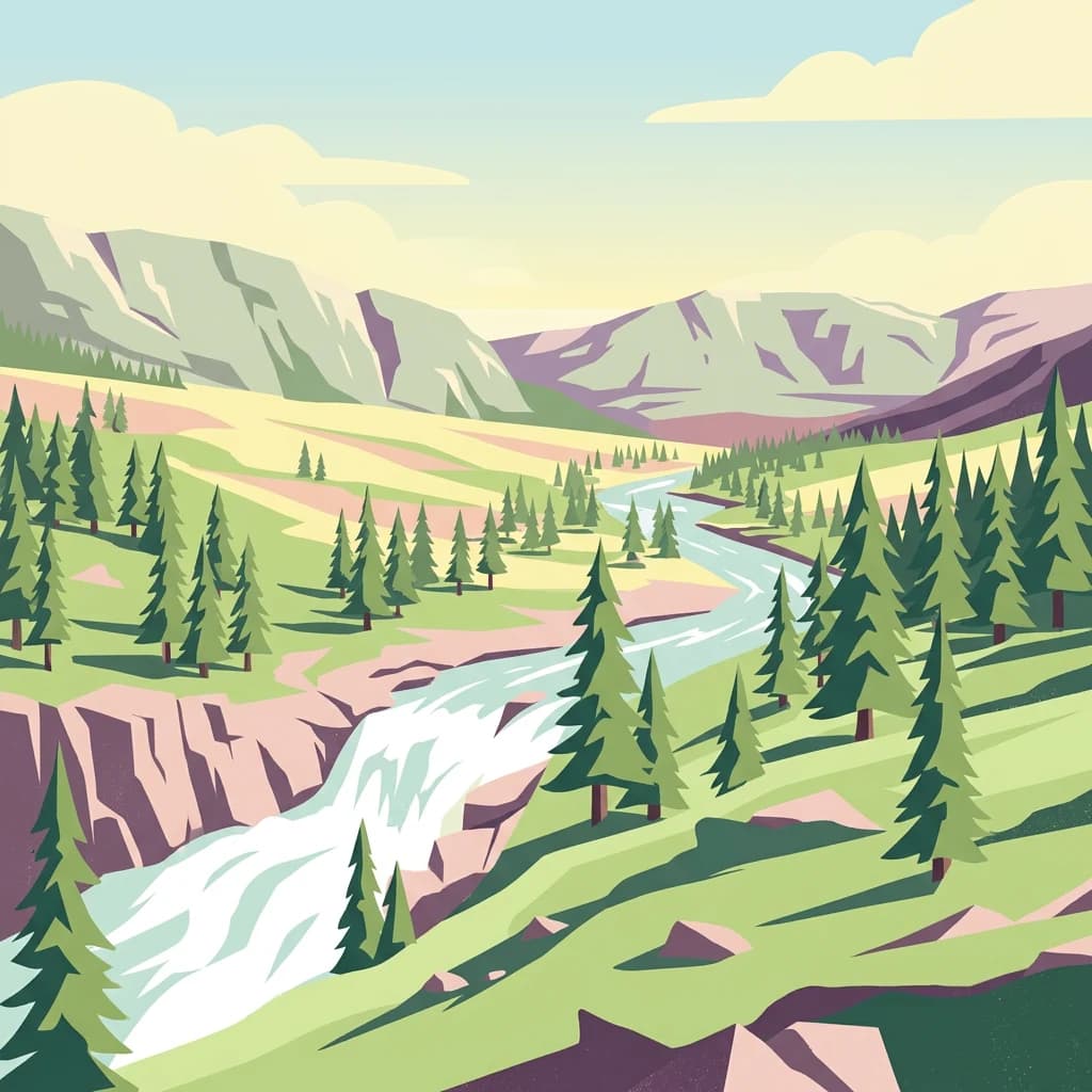 Stylized illustration showing a river flowing through a mountainous area with pine trees and a waterfall