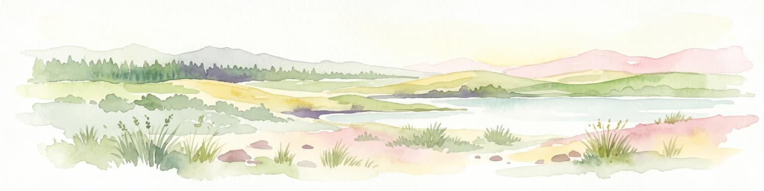 Watercolor painting of a landscape with grassy areas, a lake, and distant hills under a light sky