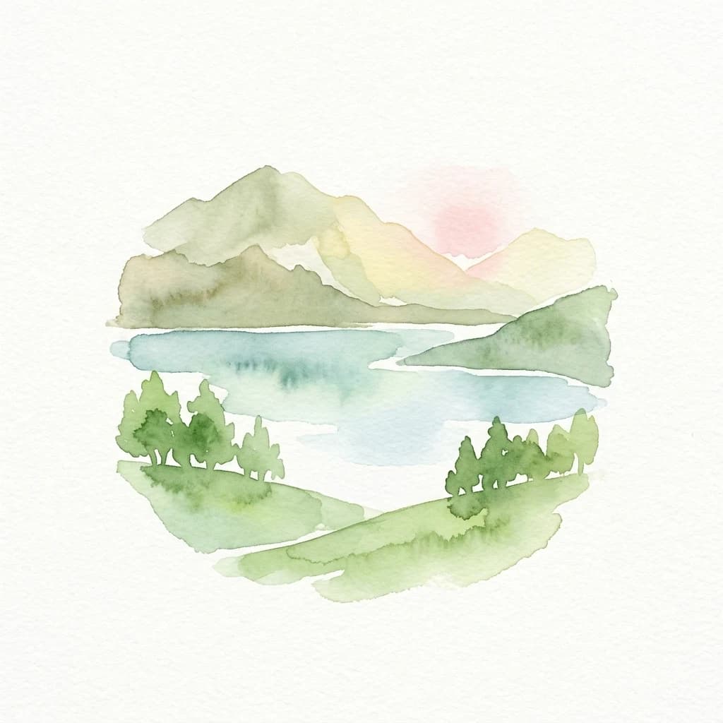 Watercolor painting of a lake and mountains with green hills and trees under a sunset sky