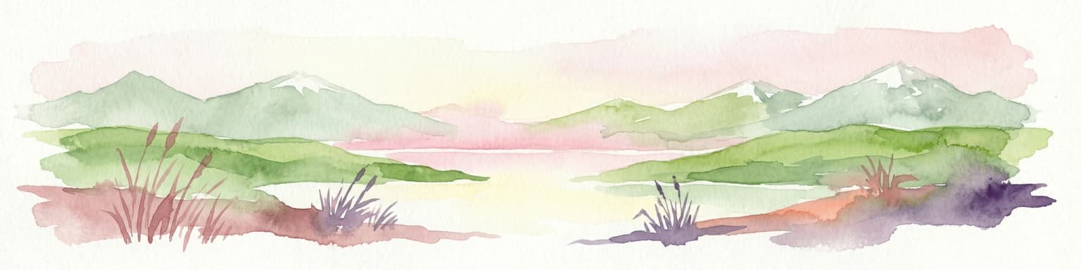 Pintura de acuarela que representa montañas, un lago y una orilla cubierta de hierba