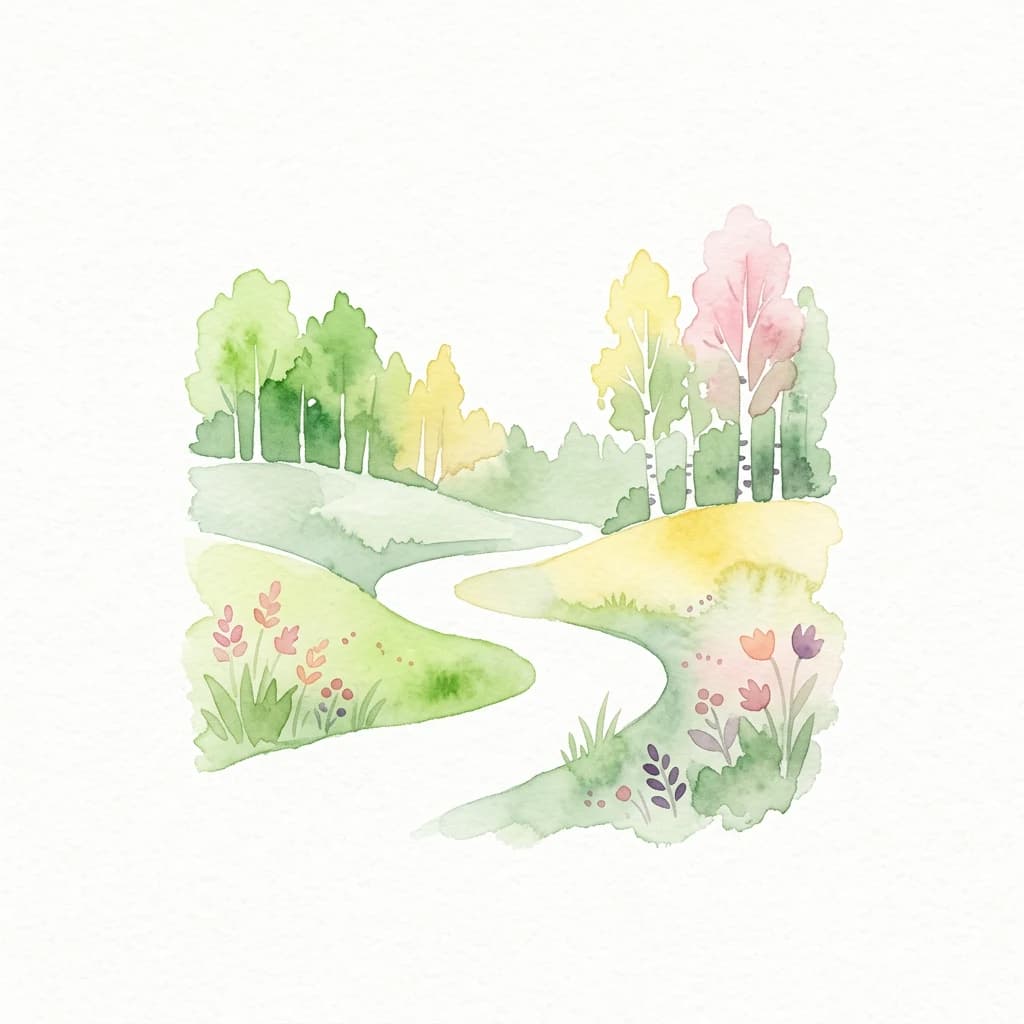 Watercolor illustration showing a winding path through a meadow with green hills, colorful trees, and wildflowers