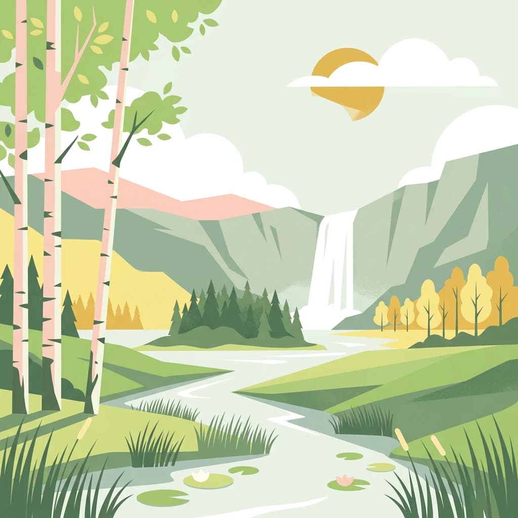Illustration of a landscape with a waterfall, birch trees, grassy fields, and mountains under a sun and clouds