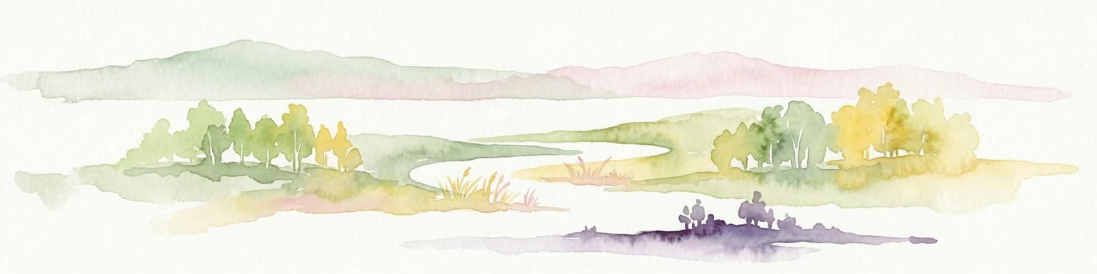 Watercolor illustration of a winding river, trees, and hills in the background