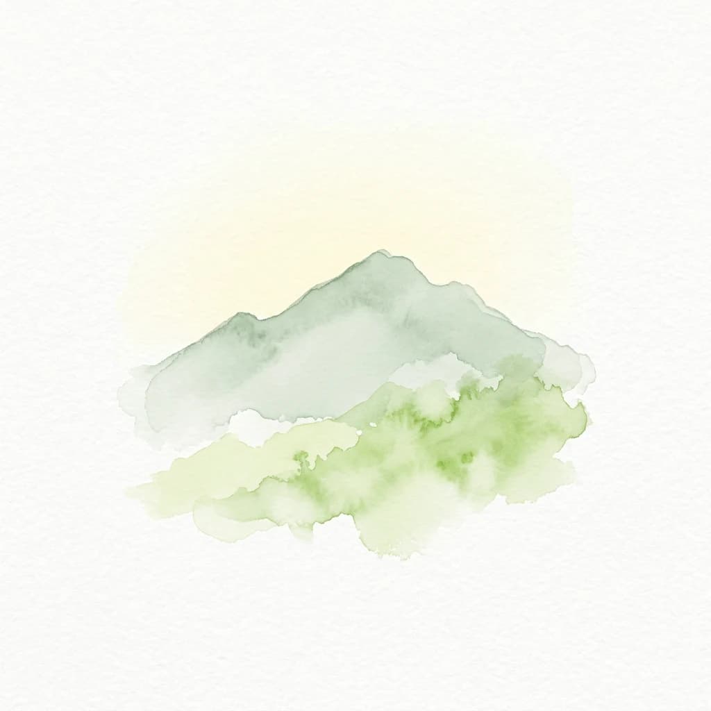 Watercolor illustration of a mountain with green and gray tones