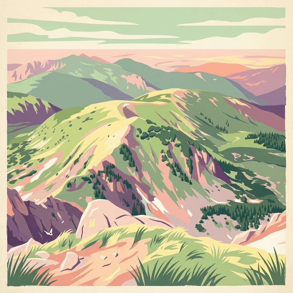 Stylized illustration of mountainous landscape with green hills, valleys, and distant peaks under a sky with clouds