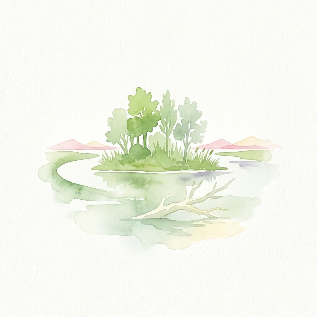 Watercolor illustration of a small island with trees surrounded by water with a fallen tree branch in the foreground