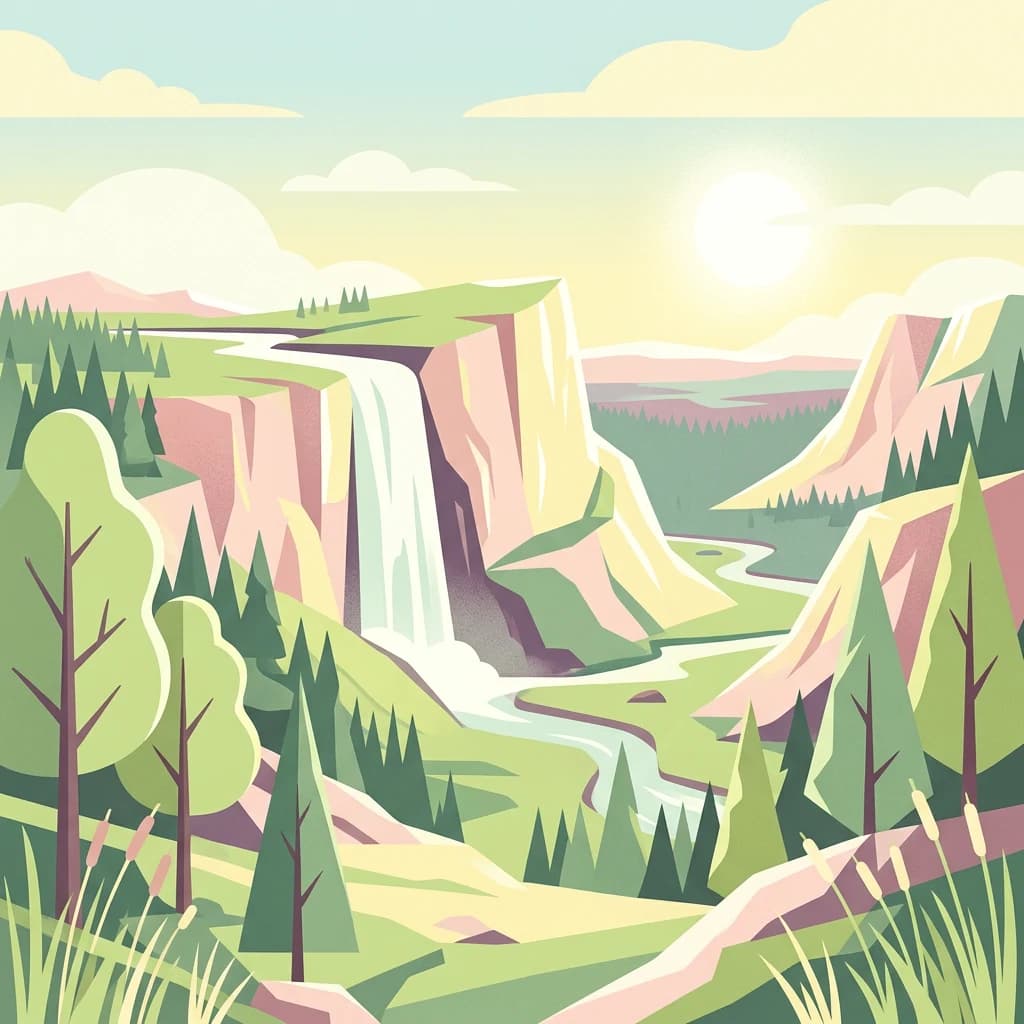 Illustration of a waterfall flowing over rocky cliffs into a river, with forested mountains and a sunlit sky