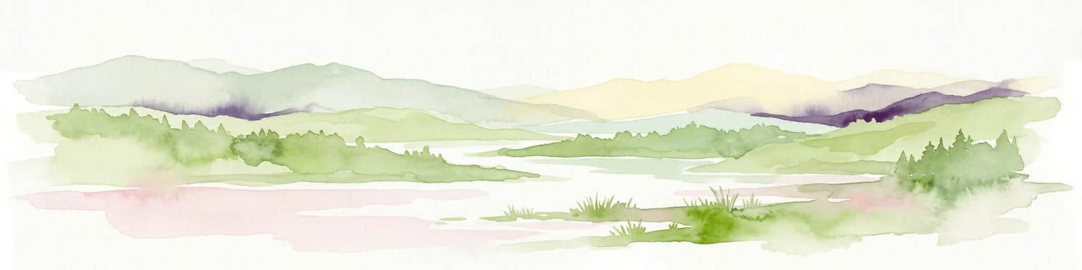 Watercolor illustration of a landscape with hills, a river, and green vegetation