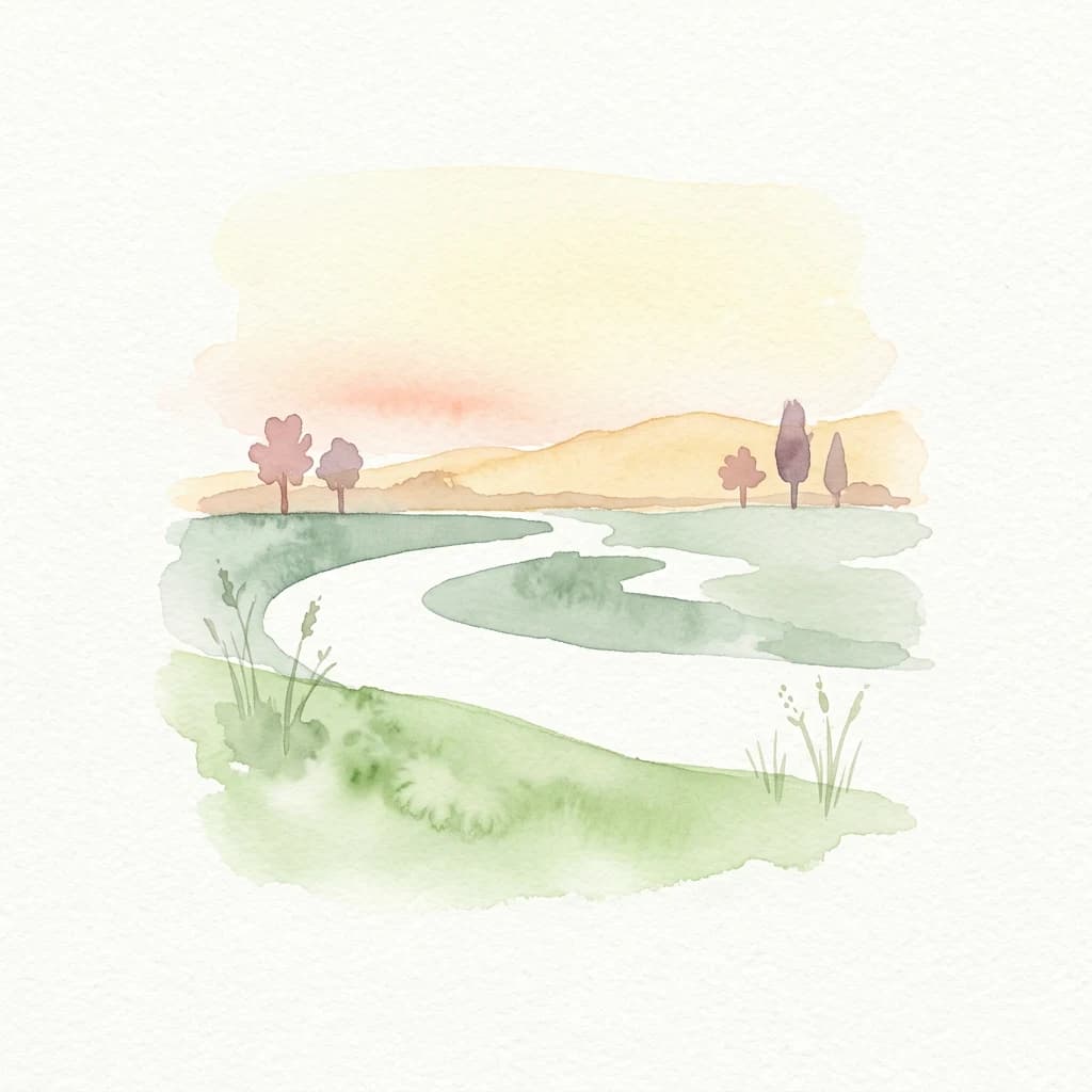 Watercolor illustration of a winding river through green fields with trees and distant hills under a pale sky