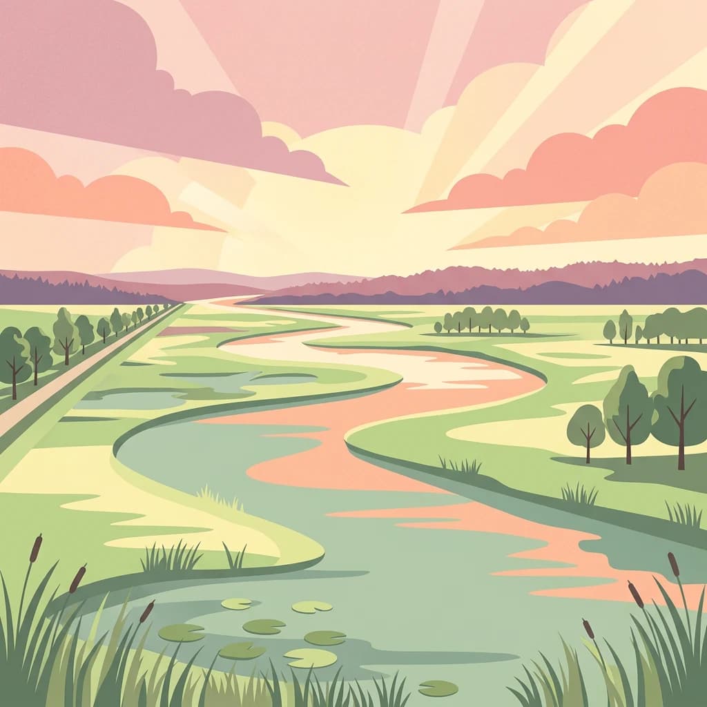 Winding river flowing through a floodplain valley with grassy fields, scattered trees, and a sky with pink and orange clouds during sunset