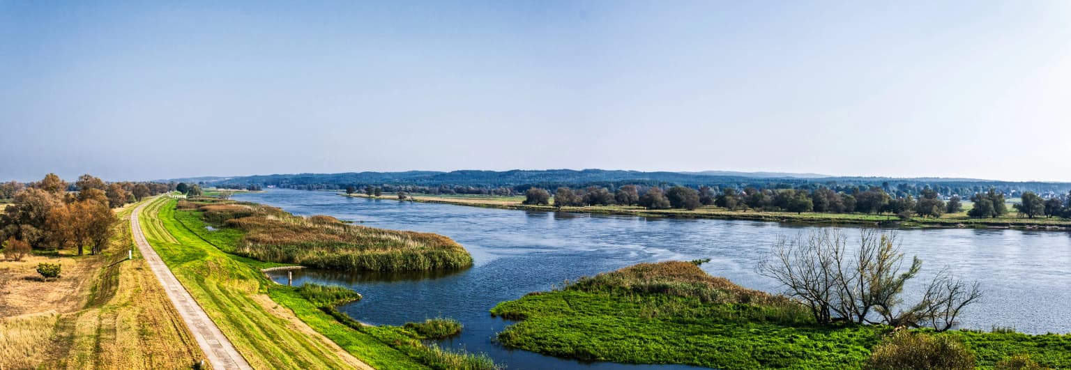 Wide landscape of the Oder River with a gravel path along the riverbank, green fields, and distant tree-lined hills under a clear blue sky