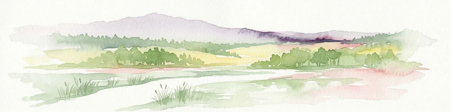 Watercolor painting depicting a river flowing through a valley with green vegetation and distant mountains