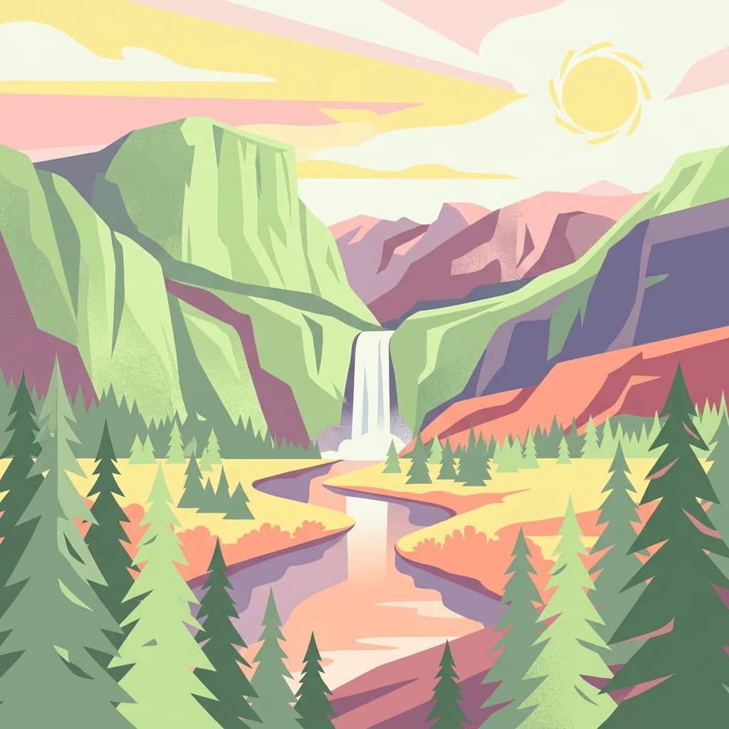 Stylized illustration of a mountain landscape with a waterfall, river, evergreen trees, and colorful sky with sun