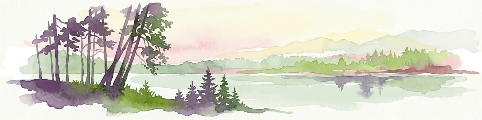 Watercolor painting showing a lake surrounded by trees with distant hills under a colorful sky