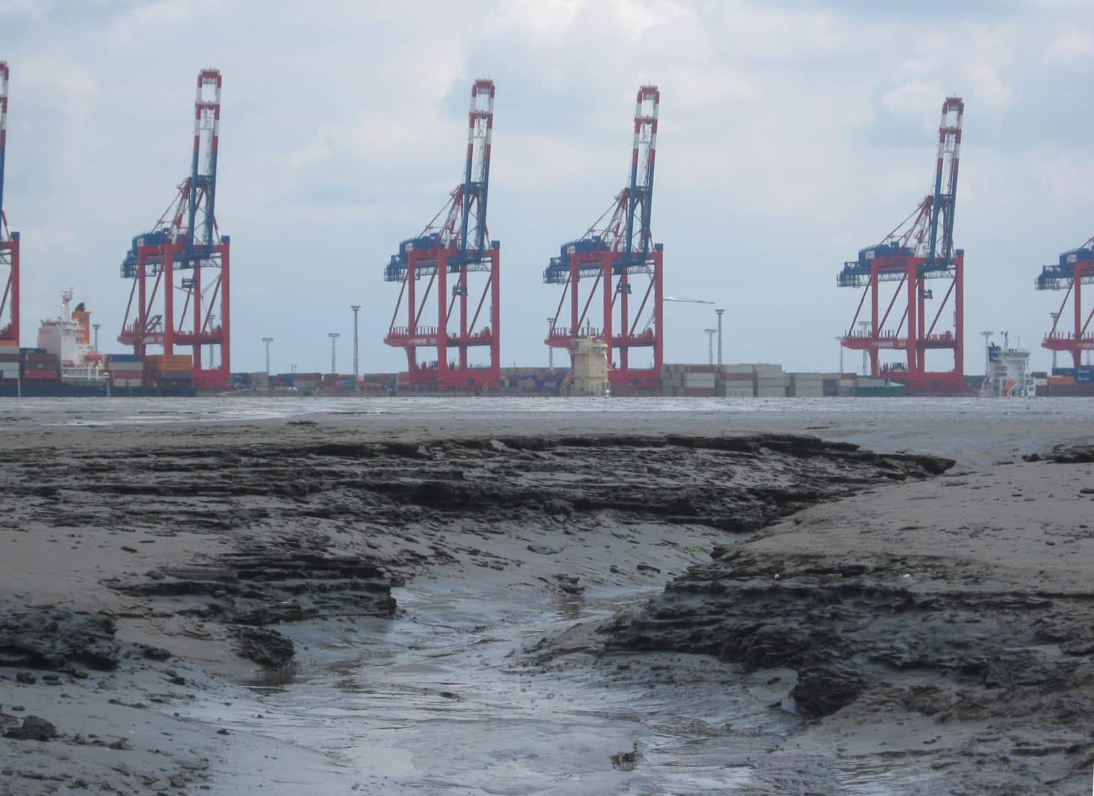 Tidal flat with mudflats in the foreground and industrial port cranes in the background under an overcast sky