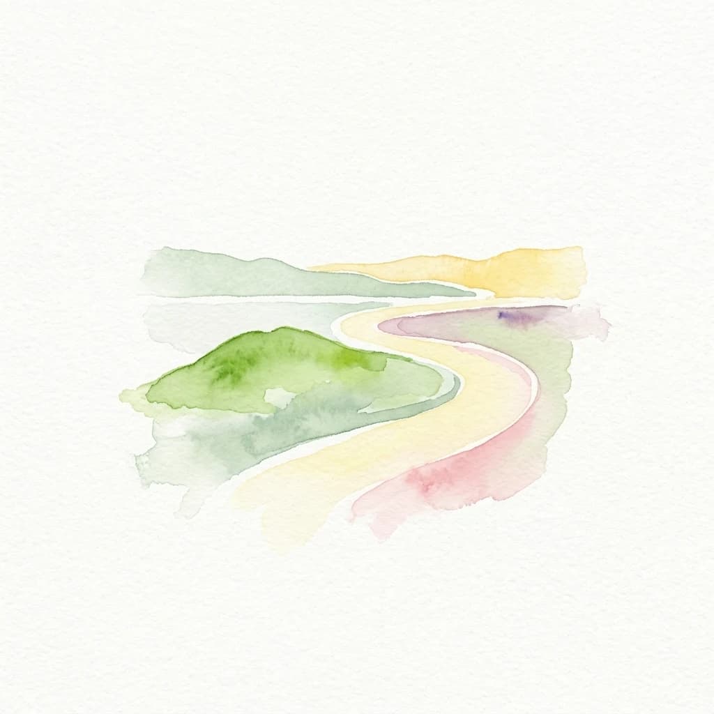 Watercolor illustration showing a winding path through a coastal landscape with green hills and colorful layers