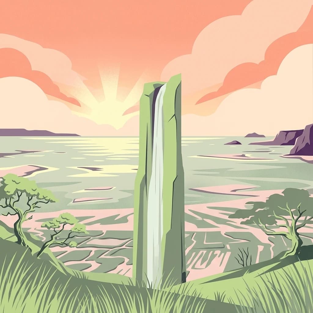 A stylized illustration showing a coastal landscape with a tall rock formation featuring a waterfall, grassy foreground, trees, and a sunset over the sea with pink and orange skies.