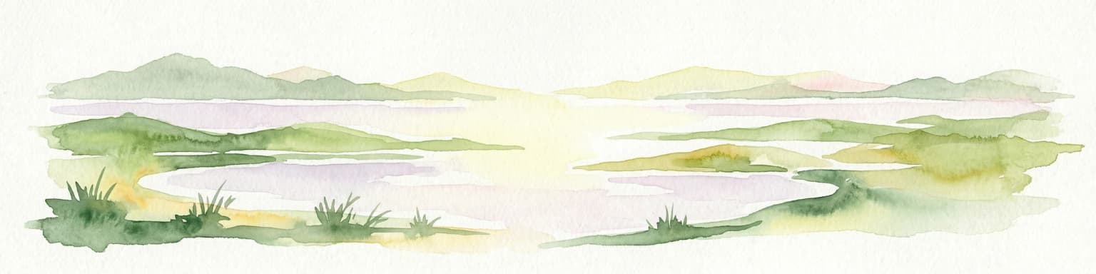 Watercolor painting showing coastal wetlands with mudflats, salt marshes, and distant hills under a soft light