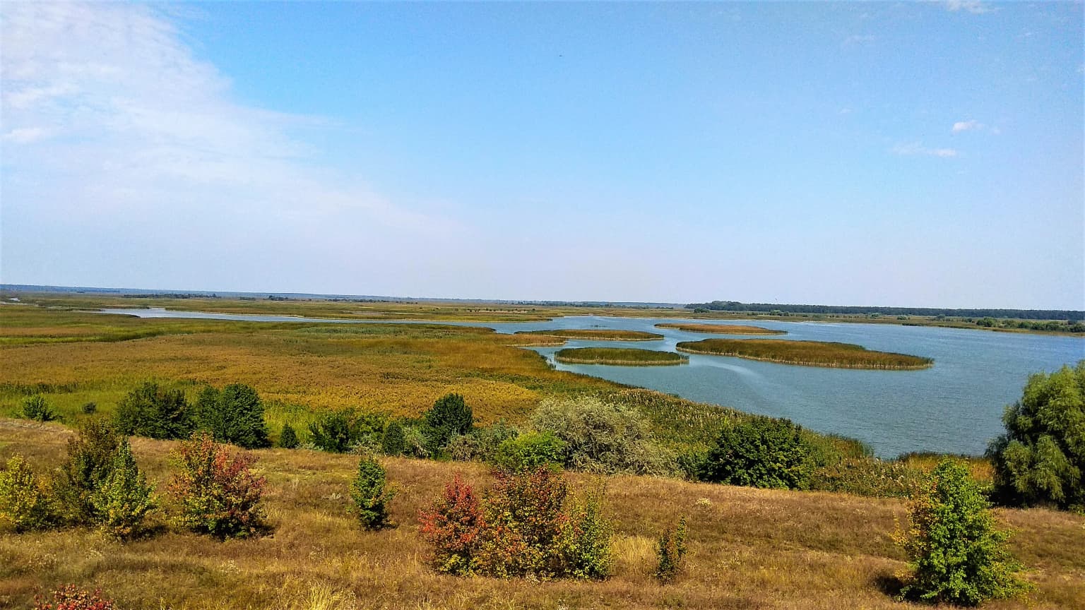 Panoramic view from a hill showing the Sula River estuary with grassy fields and scattered trees in the foreground