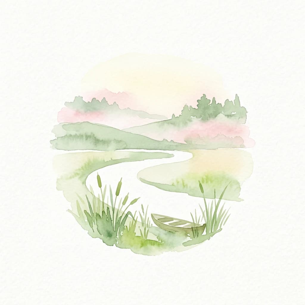 Watercolor illustration of a winding river, reeds, and a small boat on a grassy bank with hills and pink sky in the background