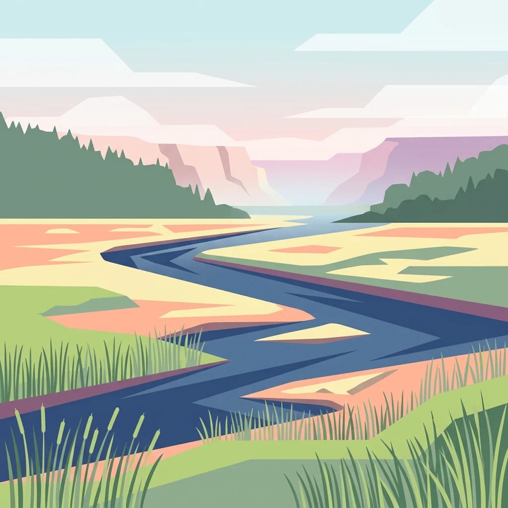 Stylized illustration of a winding river through grassy banks and hills with forests in the background