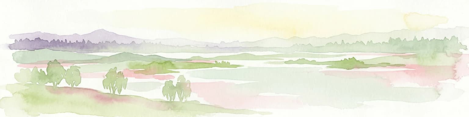 Watercolor depiction of a river flowing through wetlands with green vegetation, trees, and distant hills under a soft sky