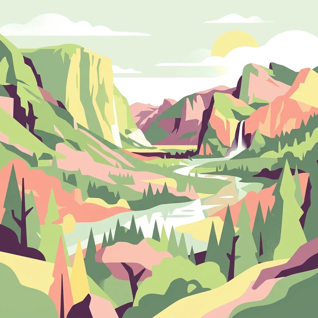 Illustration of a mountain valley with a winding river, waterfalls, and forested areas under a sunlit sky