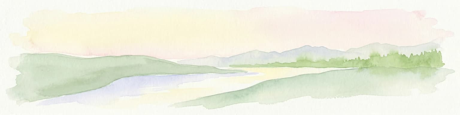 Watercolor painting of a river flowing through a wetland with green hills and distant mountains