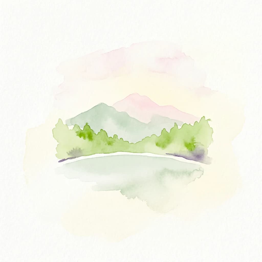 Watercolor illustration of green mountains, a lake, and a pink sky