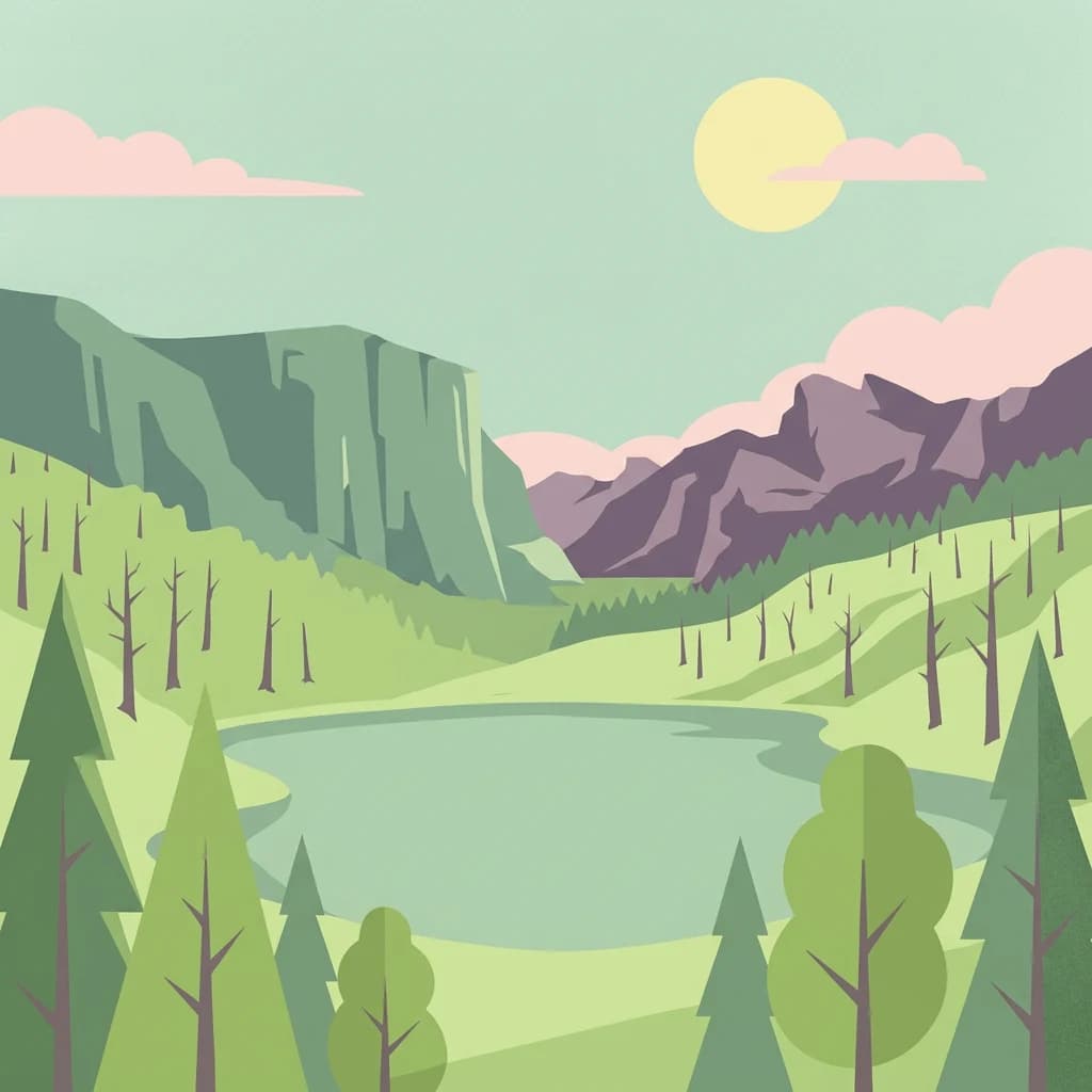 Illustrated landscape with mountain lake, green forests, and hills under sun and clouds