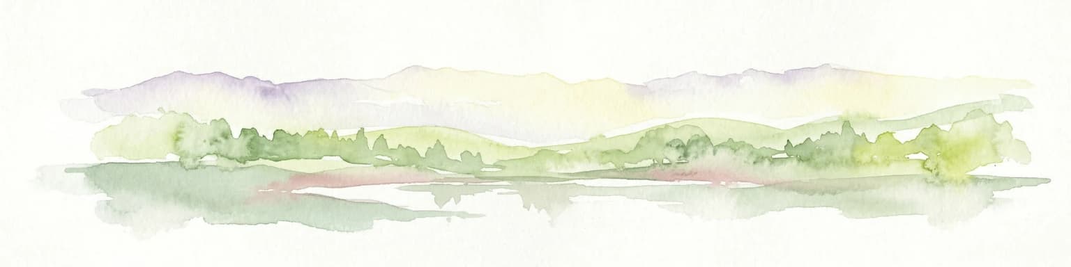 Watercolor illustration of rolling green hills and distant mountains under a soft sky