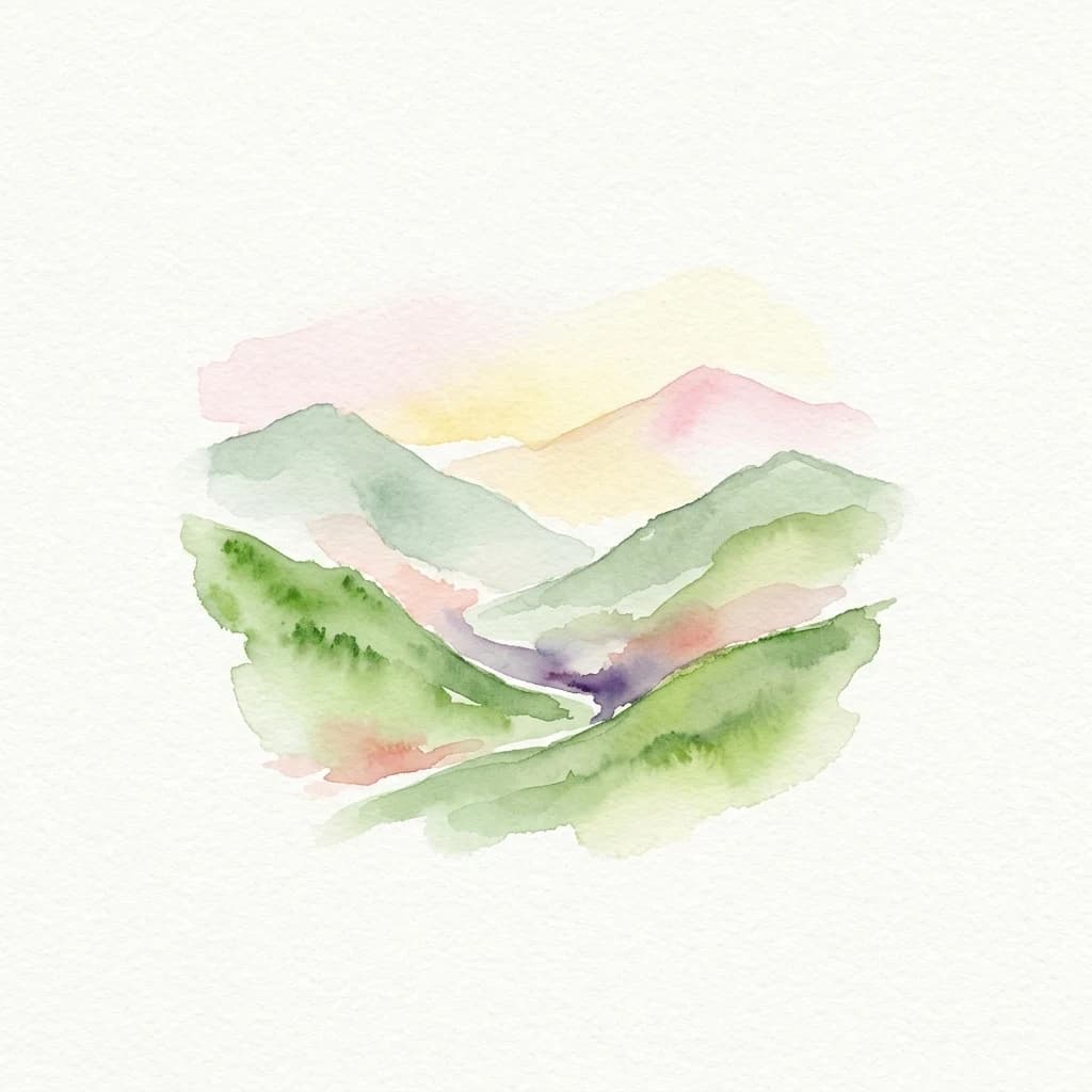Watercolor painting of green mountains and valleys under a colorful sky