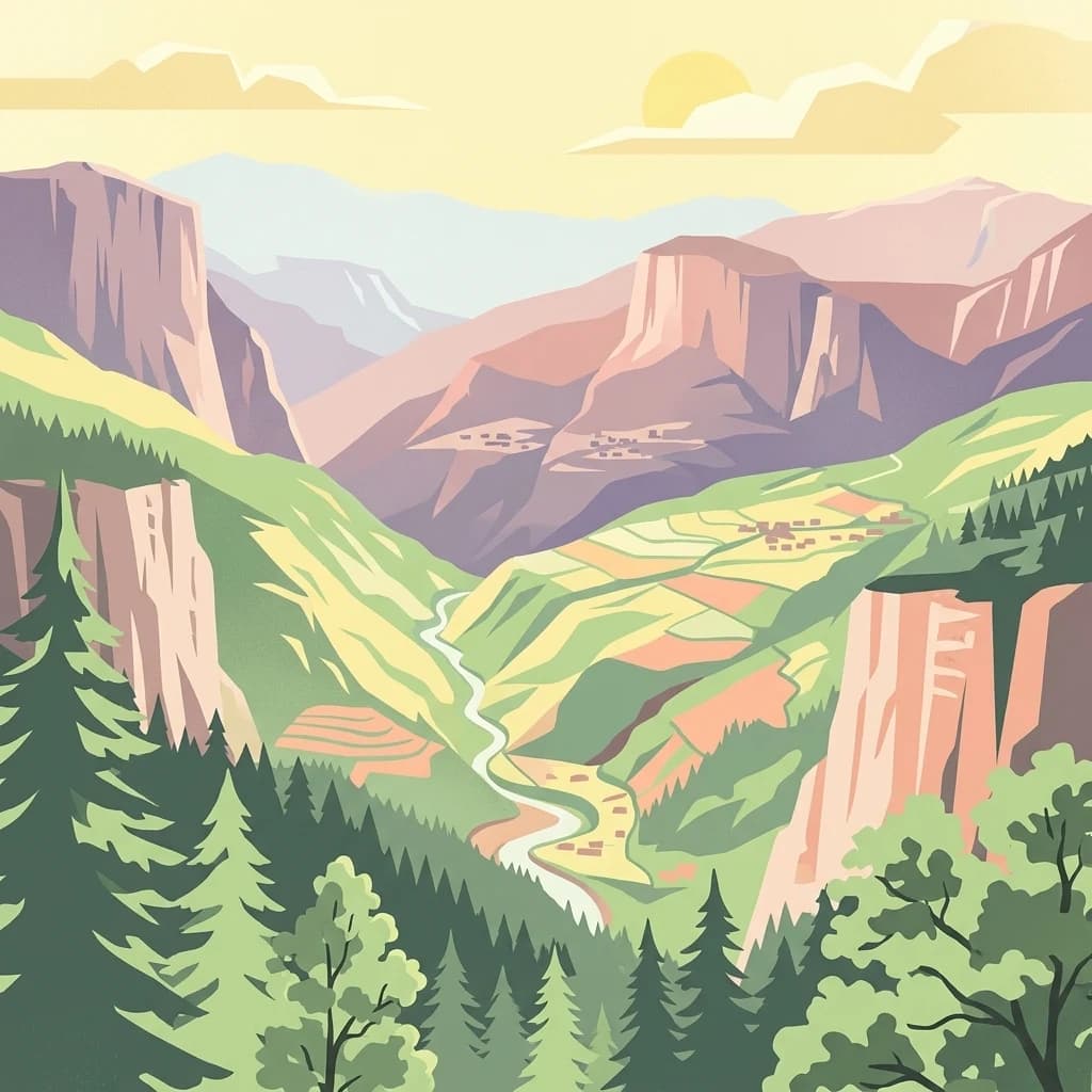 Illustration of a mountainous valley with green forests, a winding river, and rocky cliffs under a partly cloudy sky