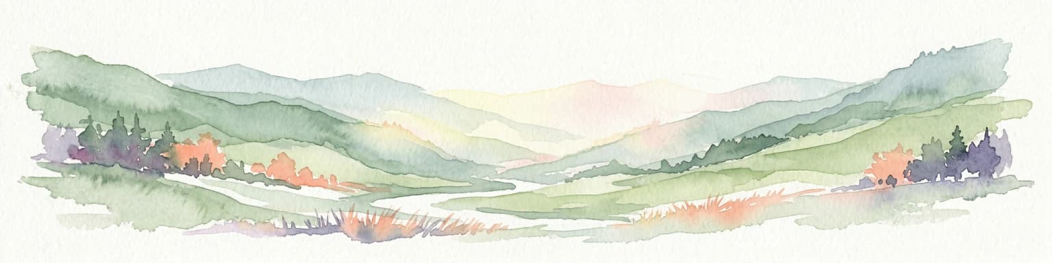 Watercolor painting depicting a mountain valley with rolling hills, forests, and a river