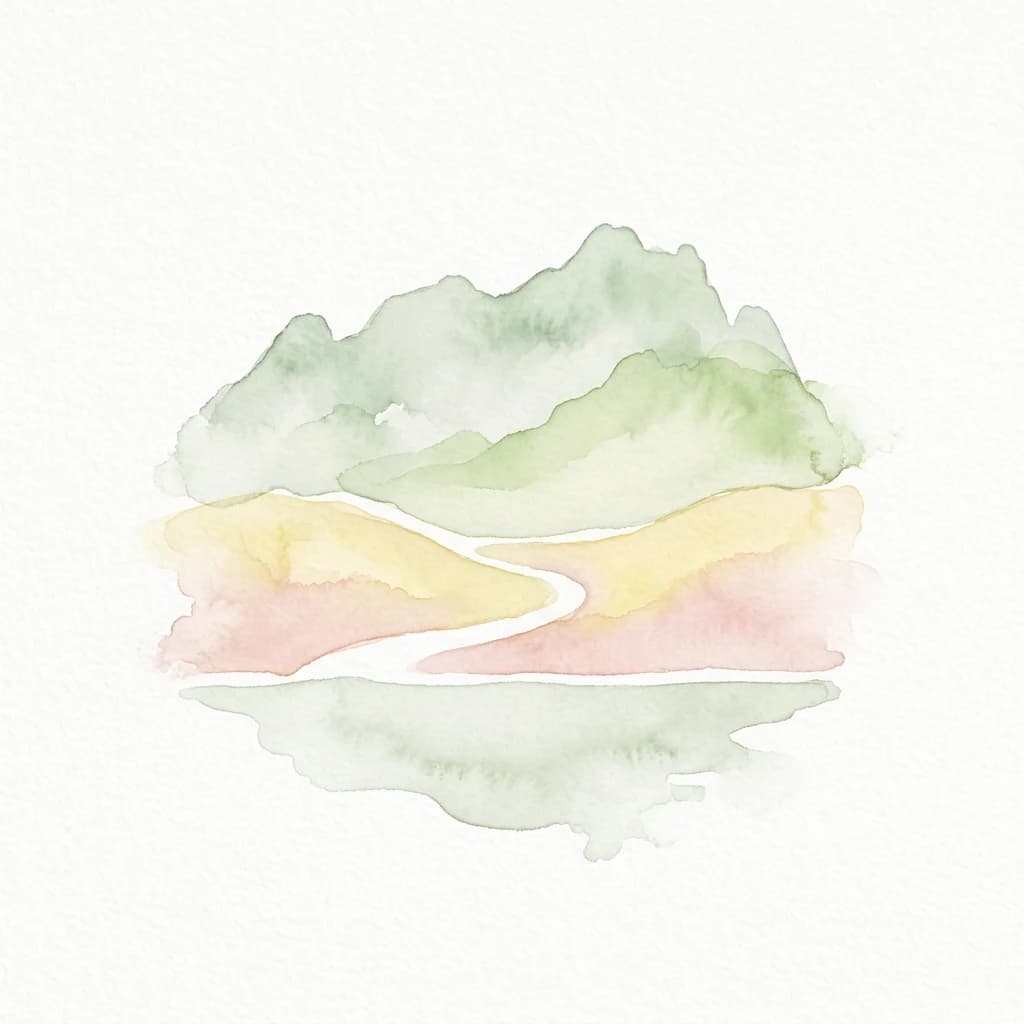Watercolor painting showing a mountain range with a winding path and its reflection in a body of water
