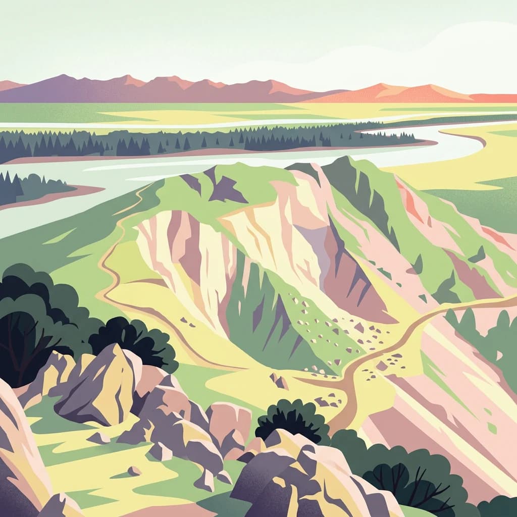 Stylized illustration of Măcin Mountains featuring rocky cliffs, green slopes, a winding river, and distant hills under a light sky