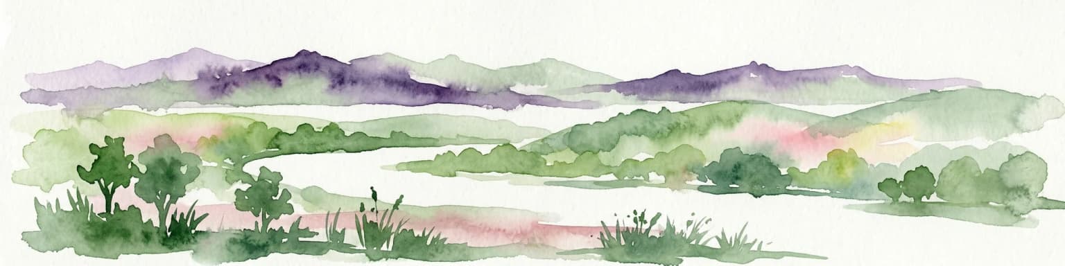 Watercolor painting showing mountains, green fields, and trees in a landscape